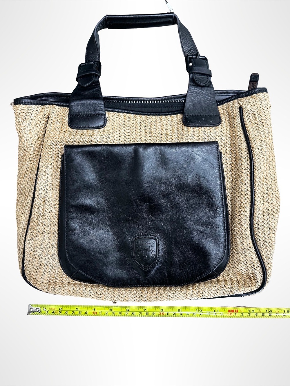 RUDSAK Straw Woven Leather Trim Tote Bag Black Flap Pocket Shoulder Purse - Picture 12 of 12